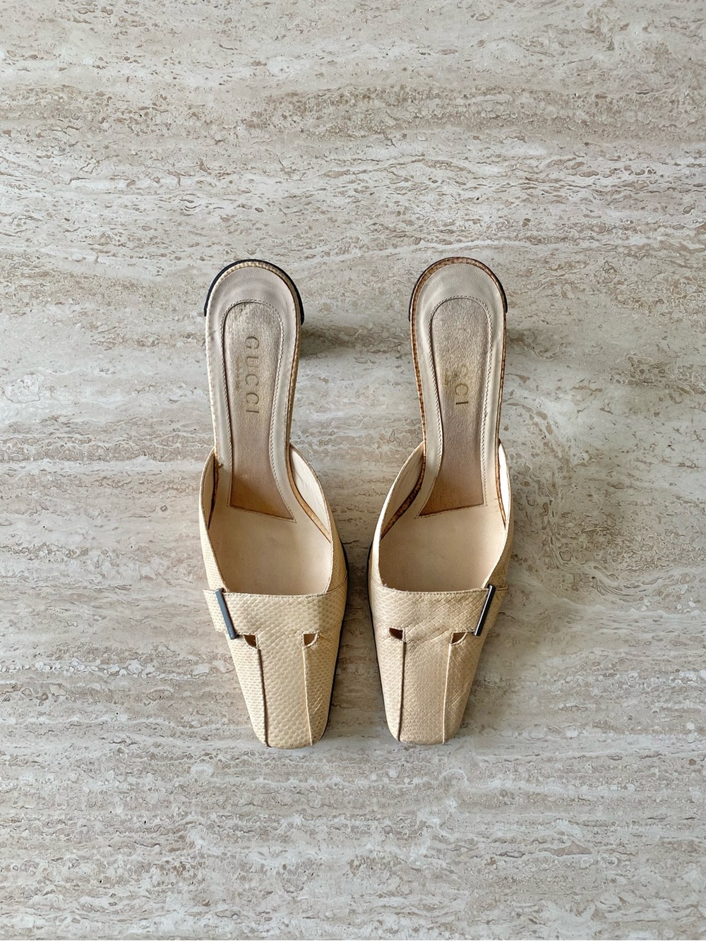 Vintage Gucci Lizard Square Toe Mule Heels